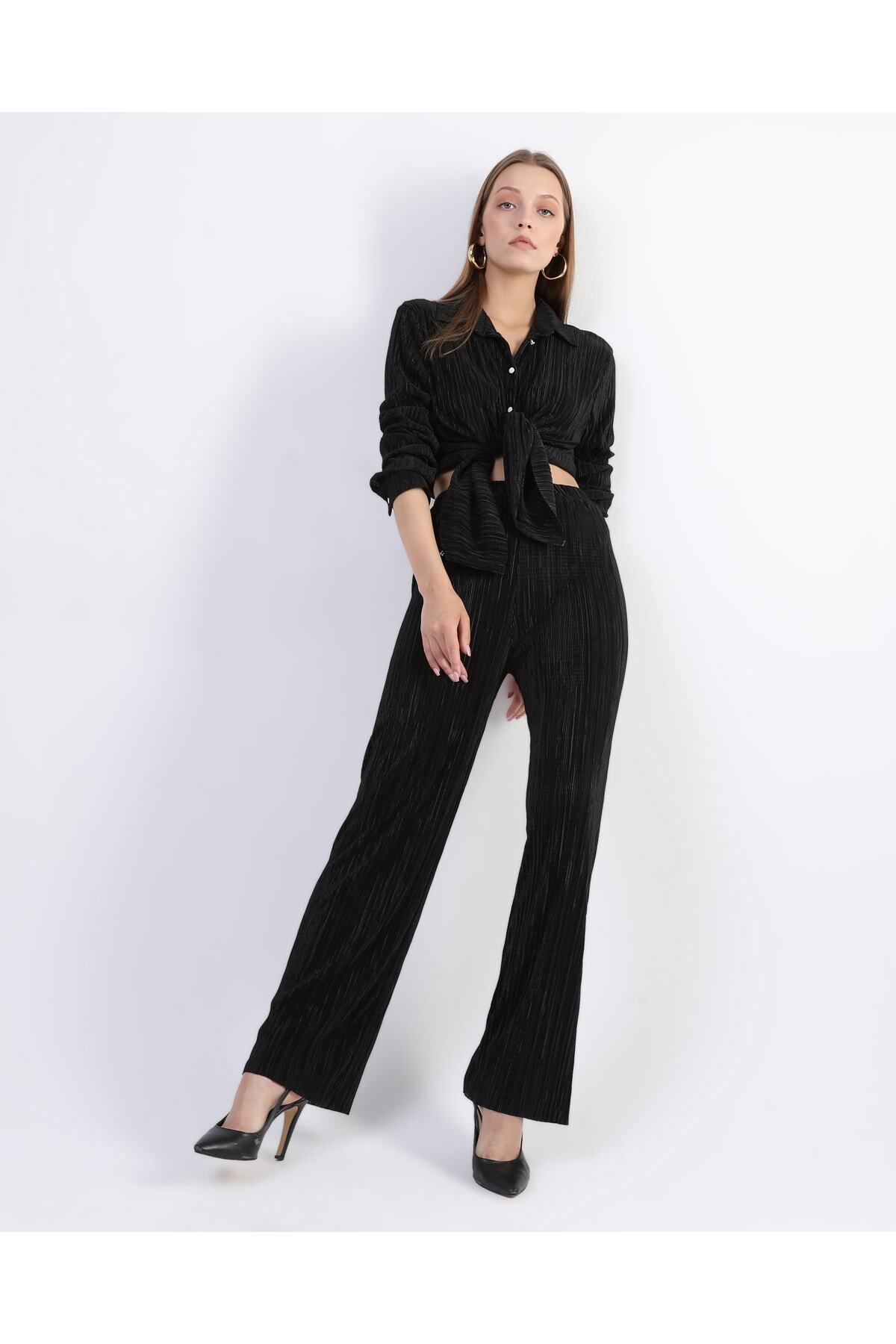 Damen Schwarz Faltenhose Blusen Set - Görsel 6