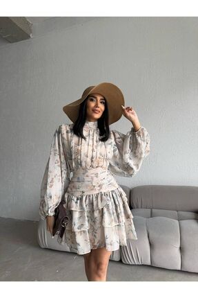 popibutik Dik Yakalı Drapeli Sırt Detaylı Çiçek Desenli Kahve Mini Şifon Elbise