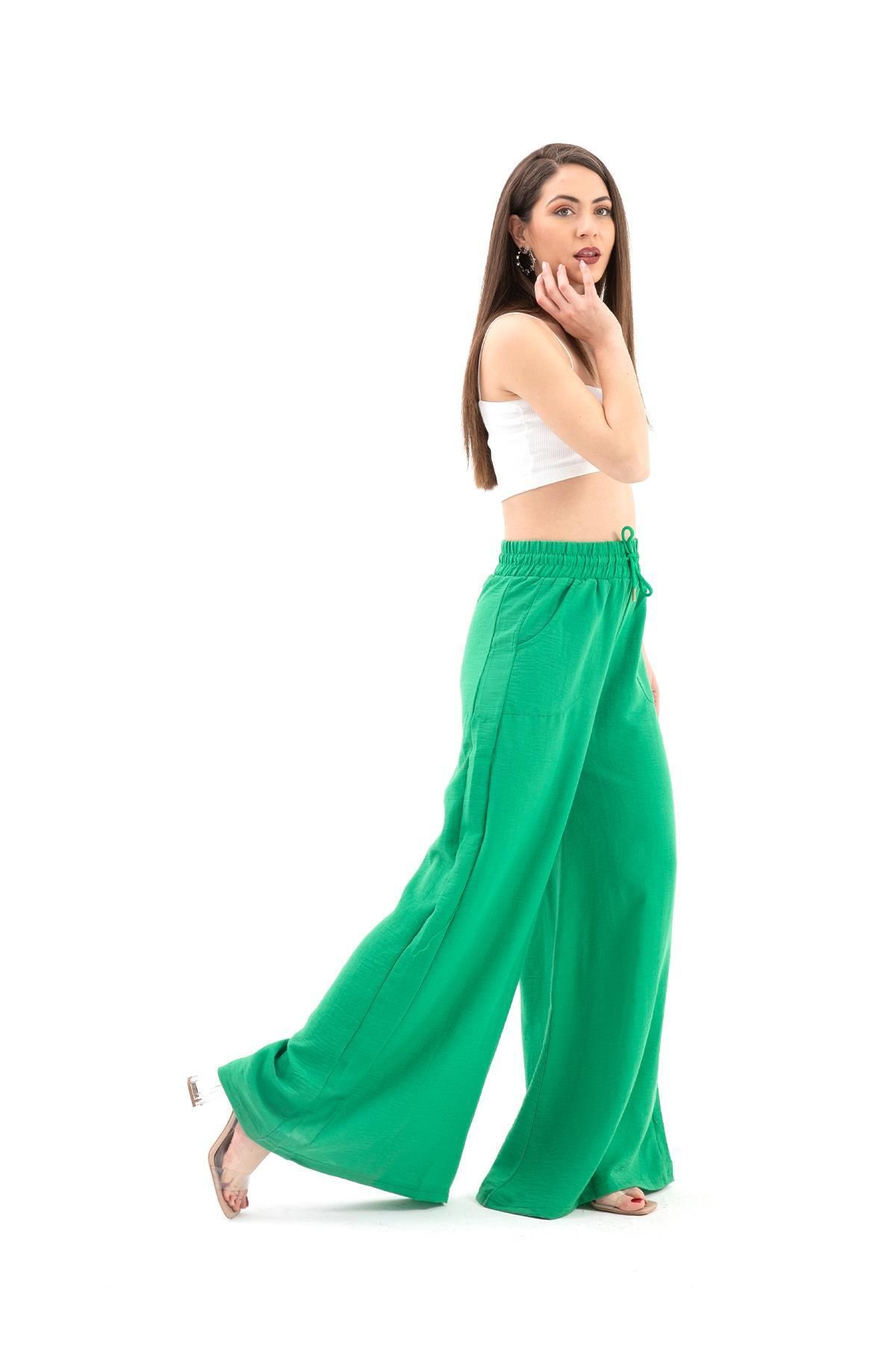 YONCA Premium-Green Linen Women's Trousers - Wide Belt and Wide Leg 5