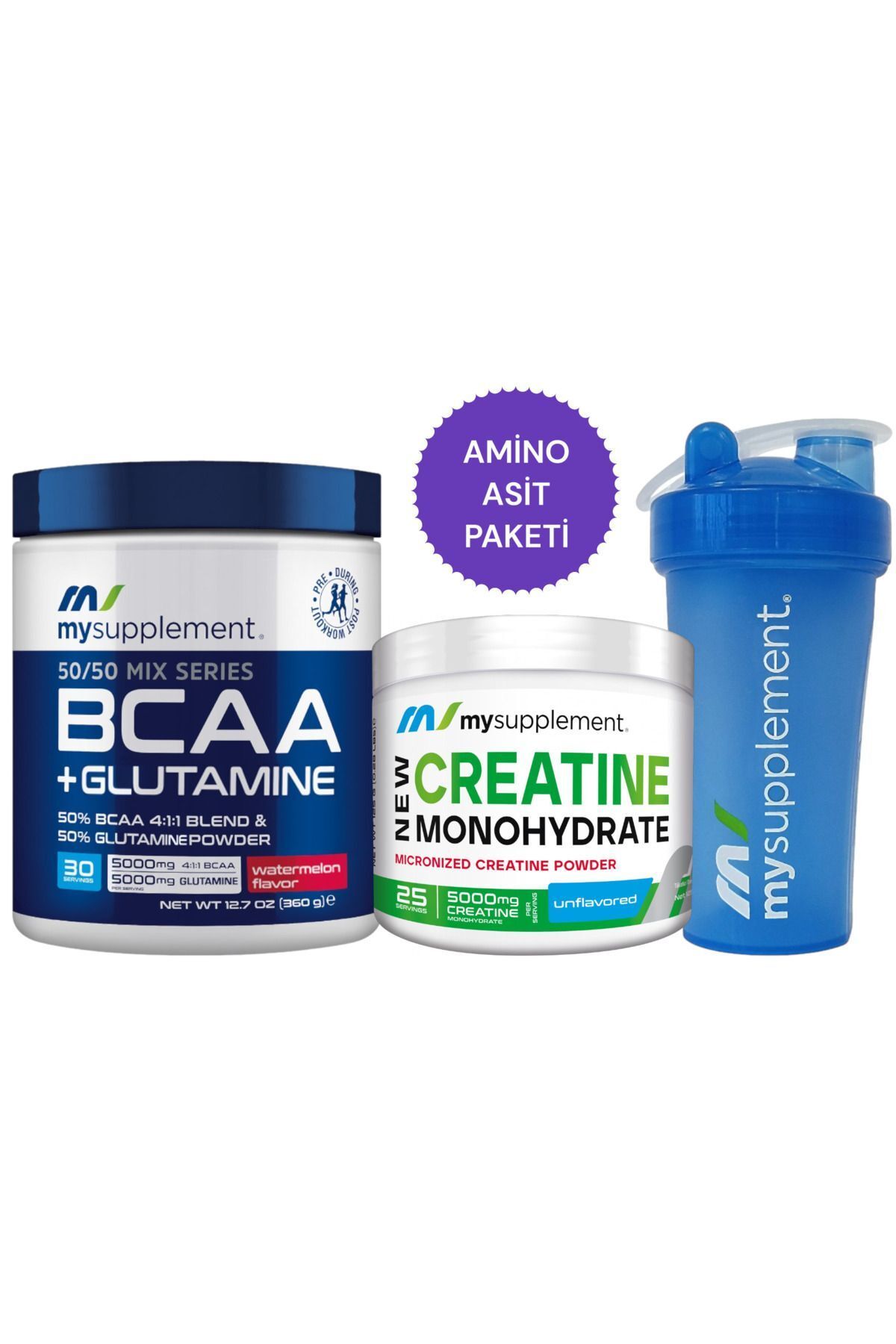 MYSUPPLEMENT Amino Asit Paketi - Bcaa Glutamine Karpuz 360gr - Kreatin Monohydrate Creatine 125gr - Hediye Shaker