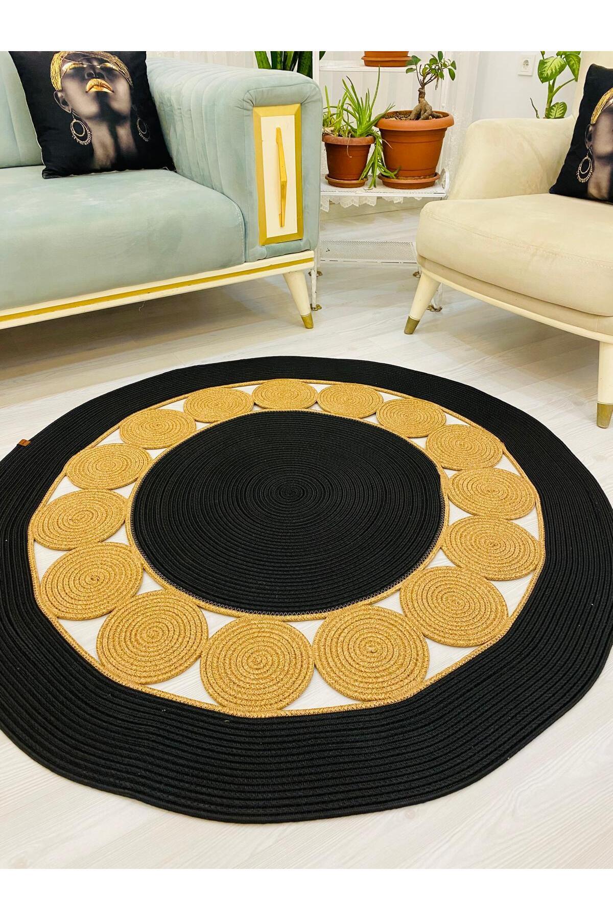 jute Wicker Look Patterned Modern Handmade Circle Carpet Rug