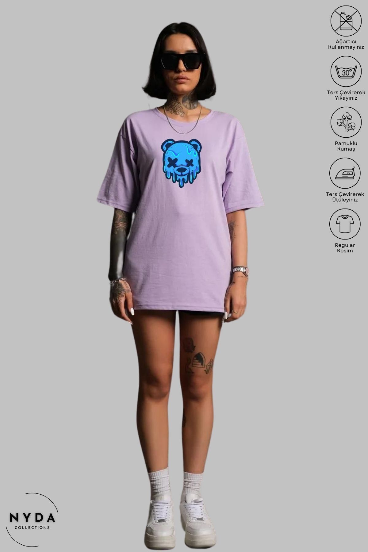 Nyda Collections Tricou Unisex Cu Gât Supradimensionat Din Bumbac - Ursuleț De Gheață Imprimat, Mânecă Scurtă Unisex - S