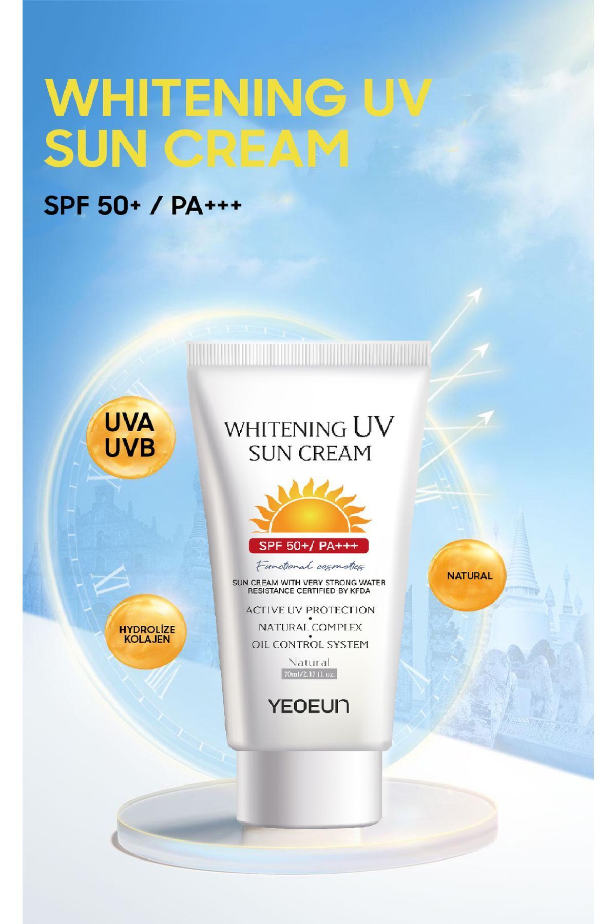 کرم ضد آفتاب ماوراء بنفش سفید کننده با محافظت بالا با محتوای طبیعی روشن کننده SPF50 + PA+++ BISPACK