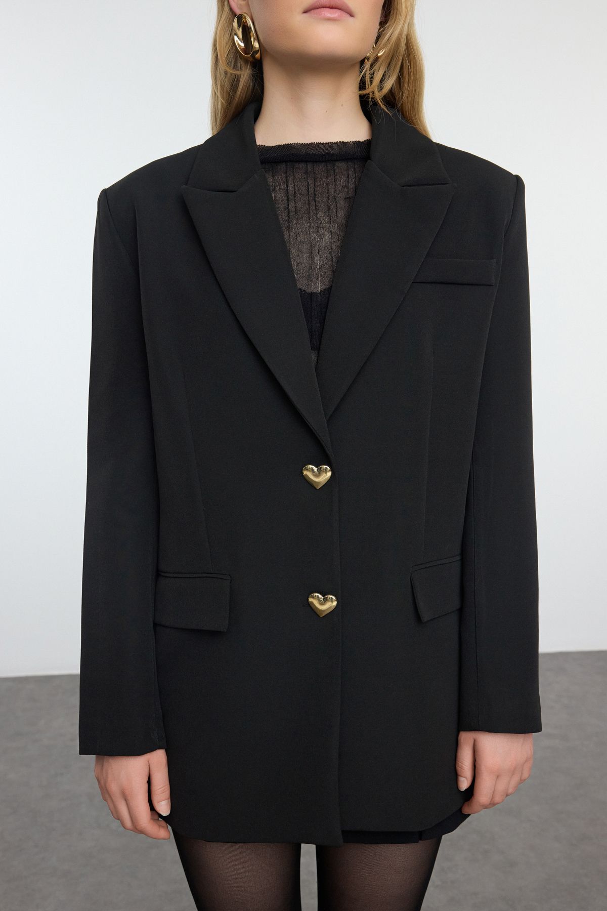 Trendyol Collection-Schwarzer Oversize-Blazer mit Herzmuster - Geknöpft, Twoaw25bc00003 3