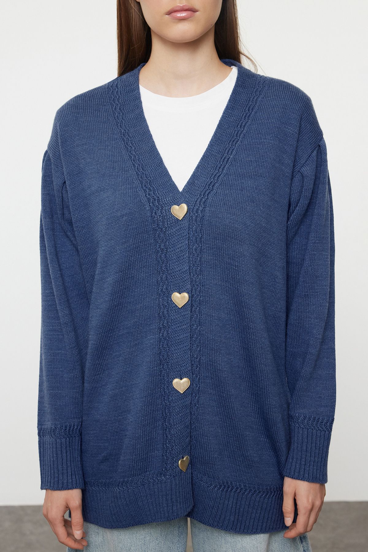 Trendyol Modest-InDigo Knitwear CardDigan - Heart Button, TCTAW25TH00012 3