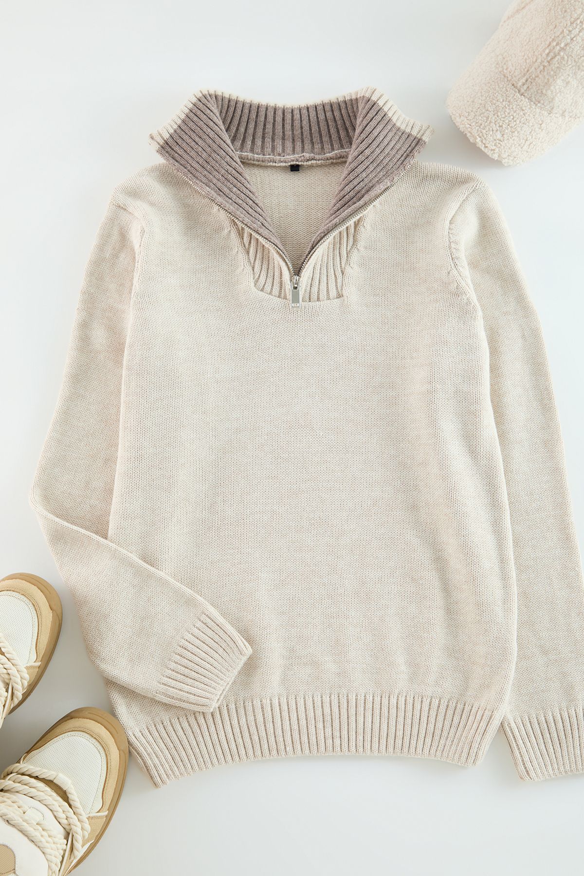 Trendyol Collection-Beige Plain Knitwear Sweater - Casual, Half Turtleneck Tmnaw25Kz00008 6