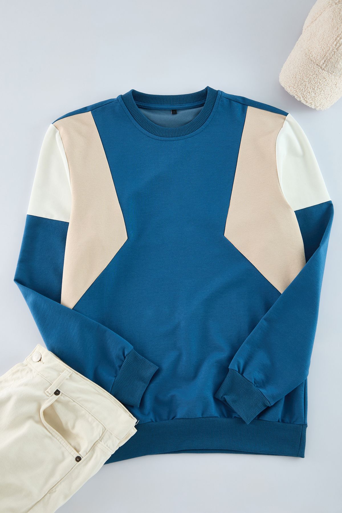 Trendyol Collection-Indigo-Stone Long Sleeve Panel Sweatshirt - Regular Fit Tmnaw22Sw0750 1