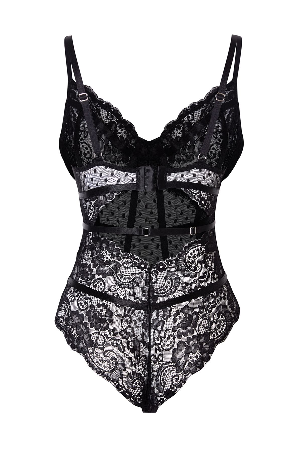 Trendyol Collection-Schwarzer Spitzen-Body mit Druckknopfverschluss und Seilriemen THMAW24BD00005 2