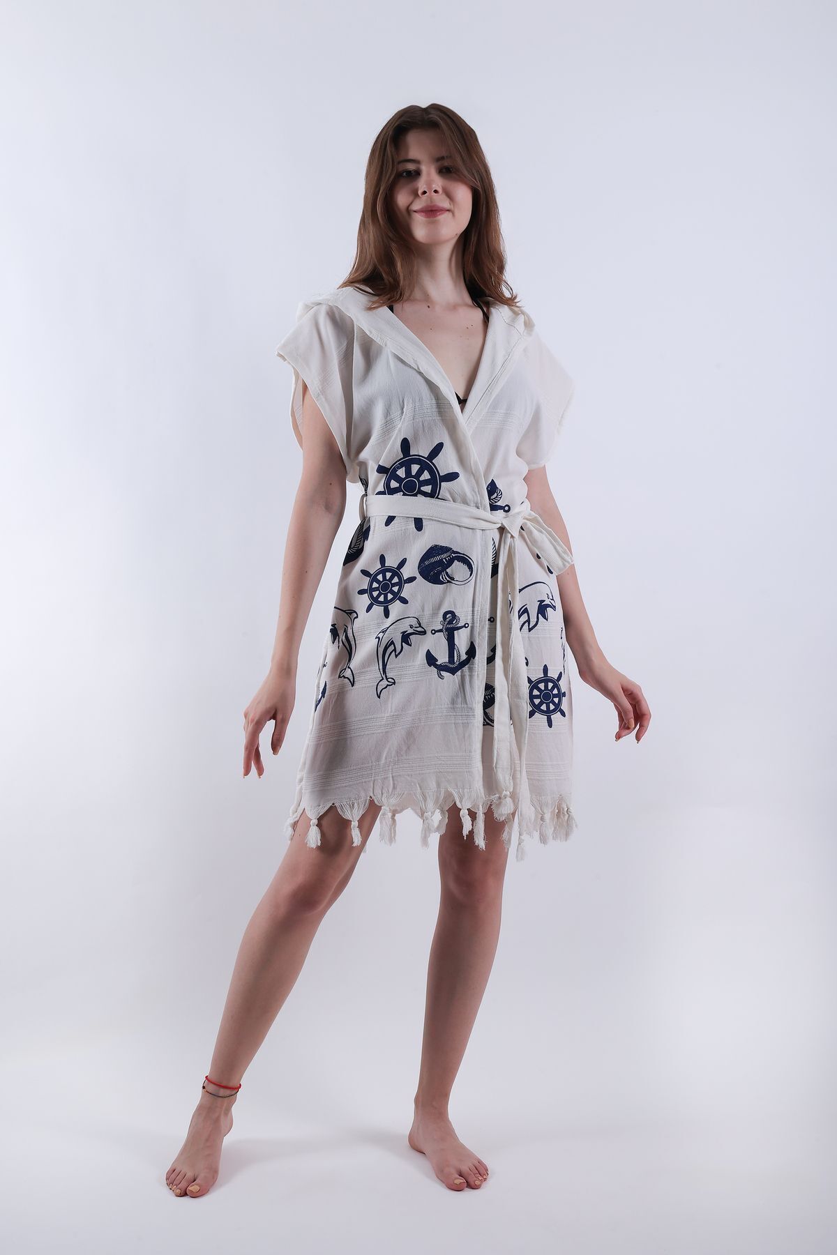 REİNA TEKS Kapüşonlu Pareo Kuşaklı Beachwear Peştemal Çapa Ve Yunus Desenli Plaj Bornoz 1 Adet