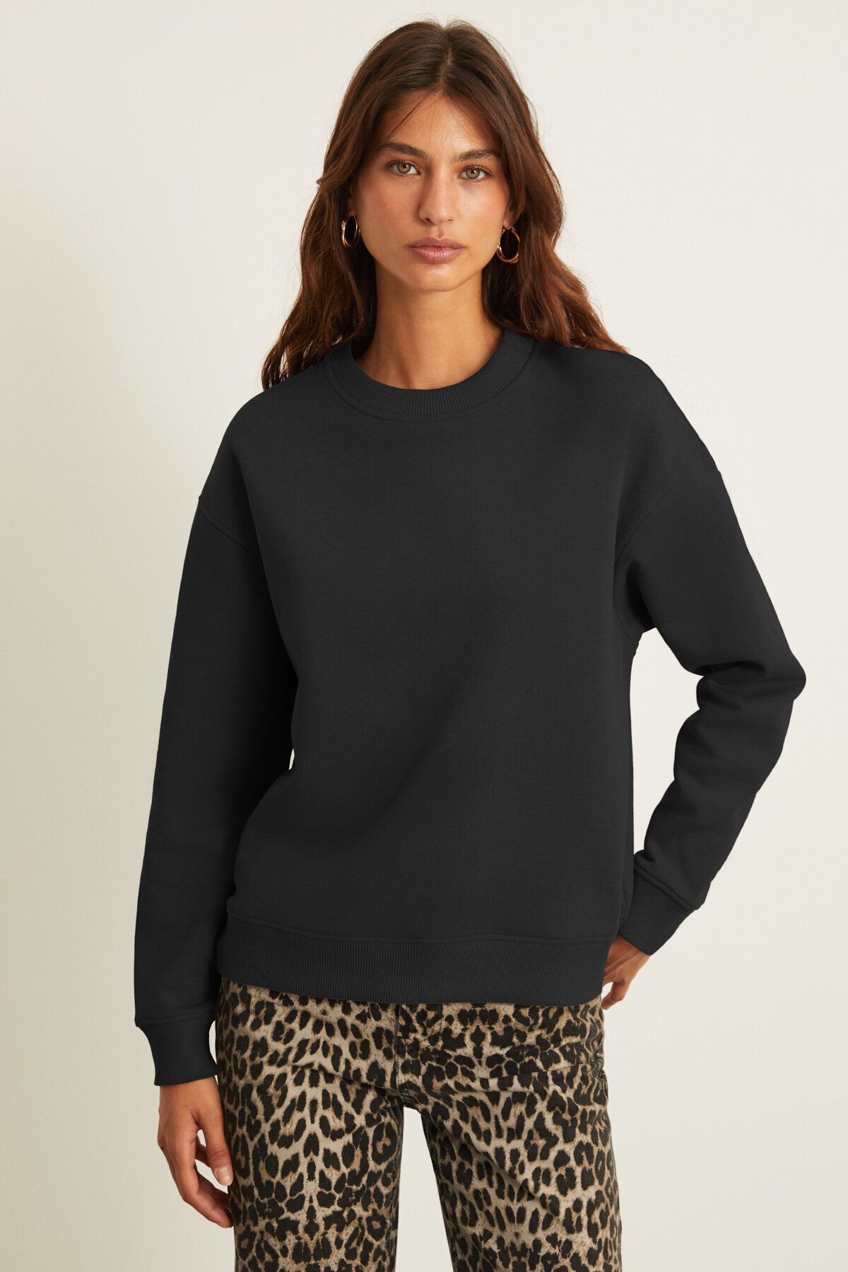 GRIMELANGE  AKSELI Kadın Bisiklet Yaka 3 İplik Organik Pamuk Siyah Sweatshirt