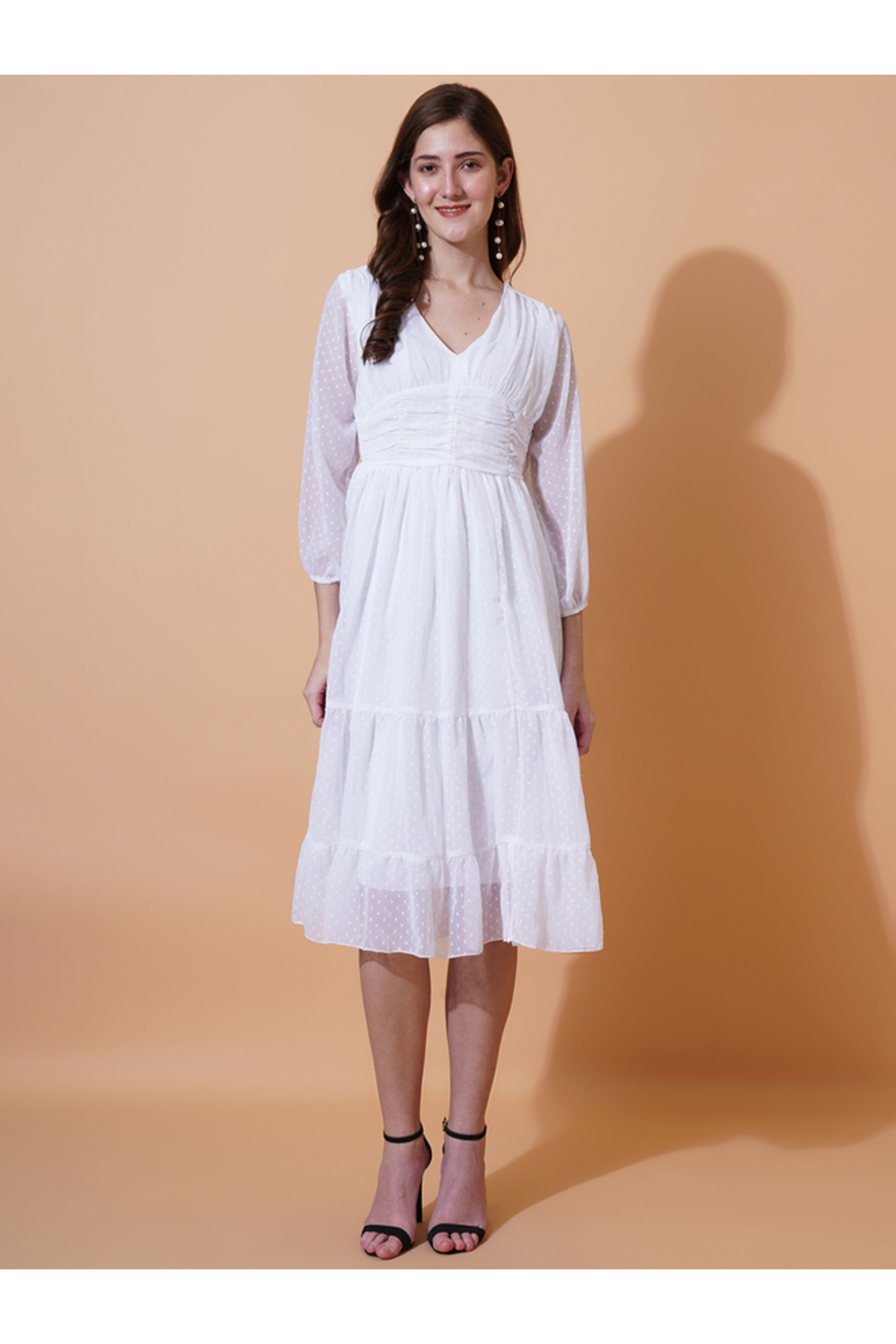 U&F By Styli Dobby V Neck Tiered Midi Dress