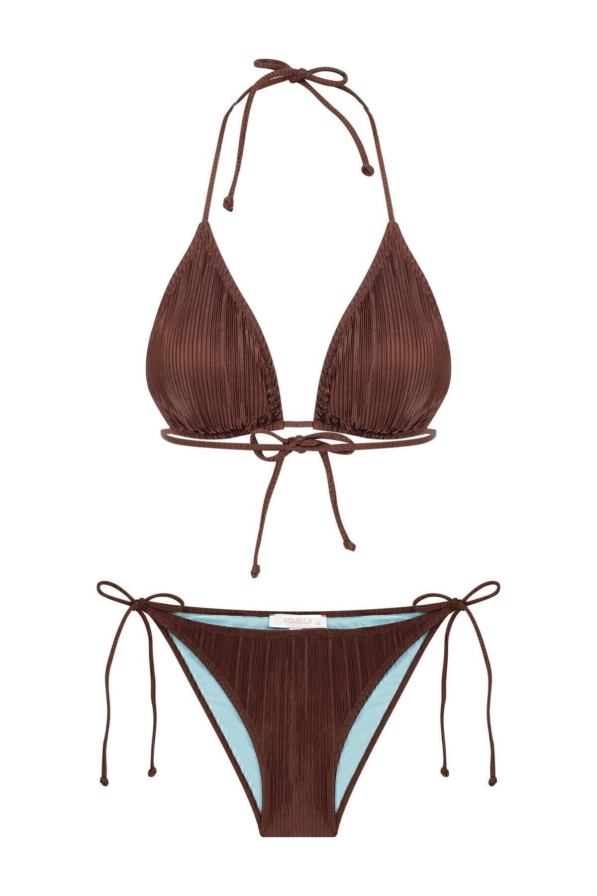 AQUELLA Piliseli Saten Acı Kahve Üçgen Bikini Takım