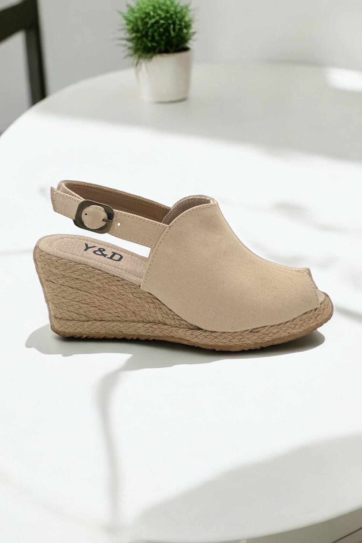 Y&D Shoes Dolgu Topuk Burnu Açık Keten Sandalet Espardil