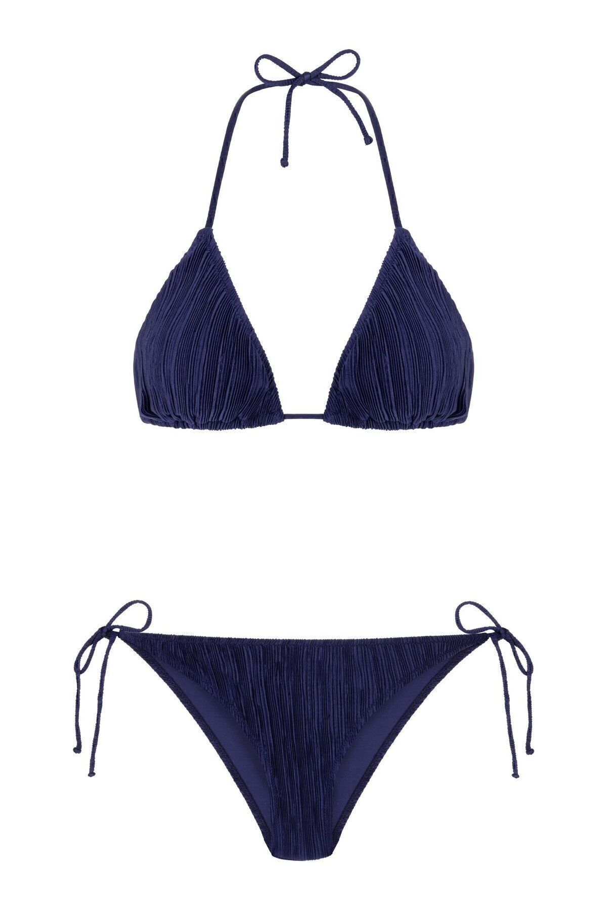 Aquella Pleated Navy Blue Triangle Bikini Set Trendyol
