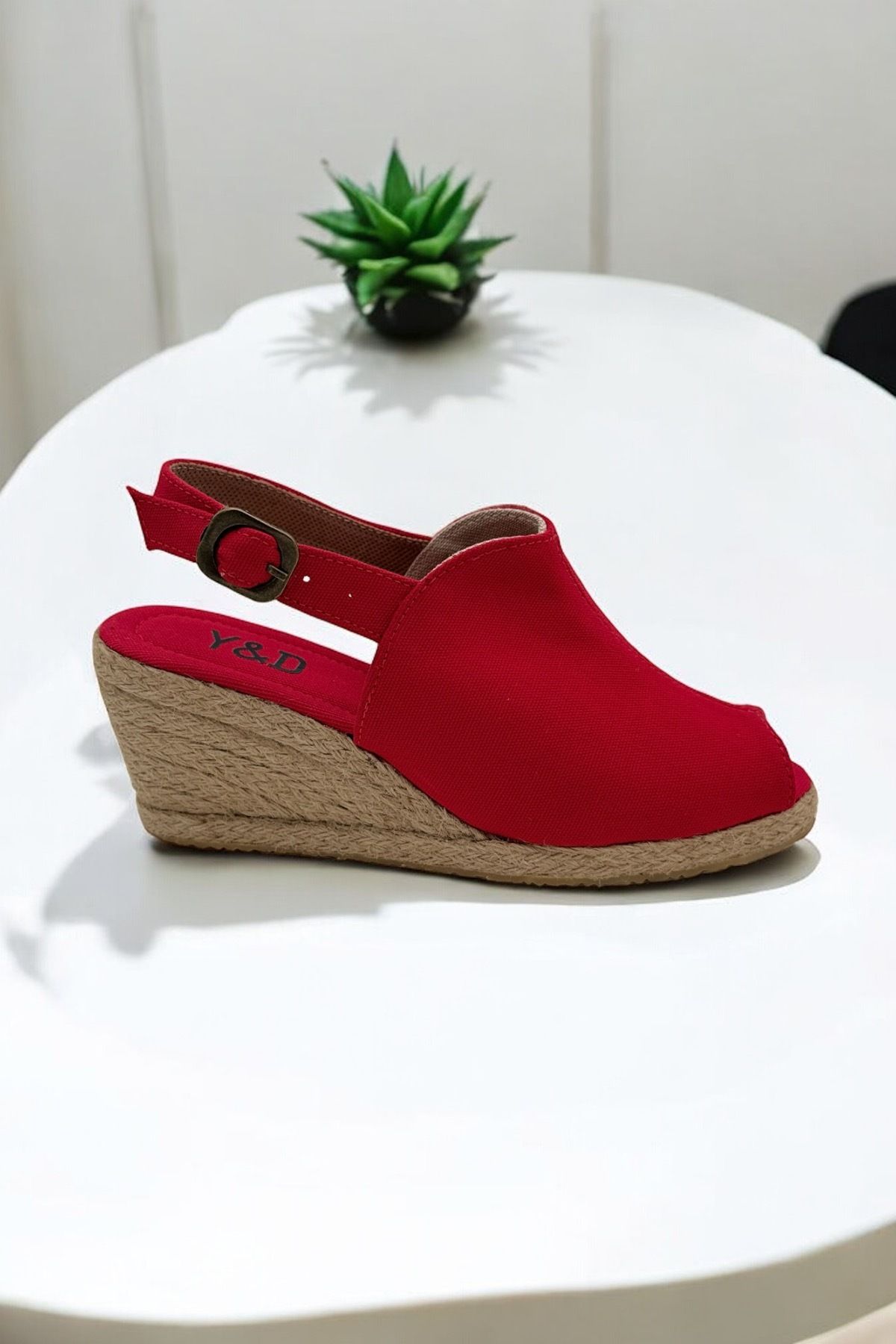 Y&D Shoes Dolgu Topuk Burnu Açık Keten Sandalet Espardil
