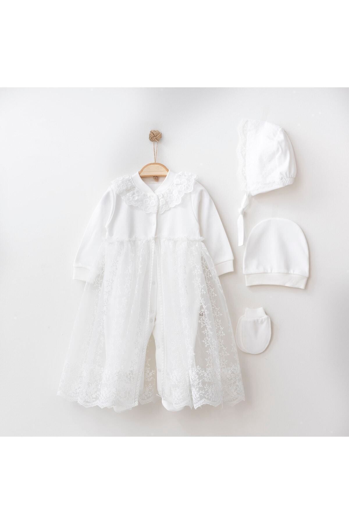 Minimus Yenidoğan Kız Bebek Mevlüd Tulum Pamuklu Lora Şapkalı Eteği Tüllü Bebek Takımı Ekru Hastane Çıkışı fotoğrafı 2 (önizleme)