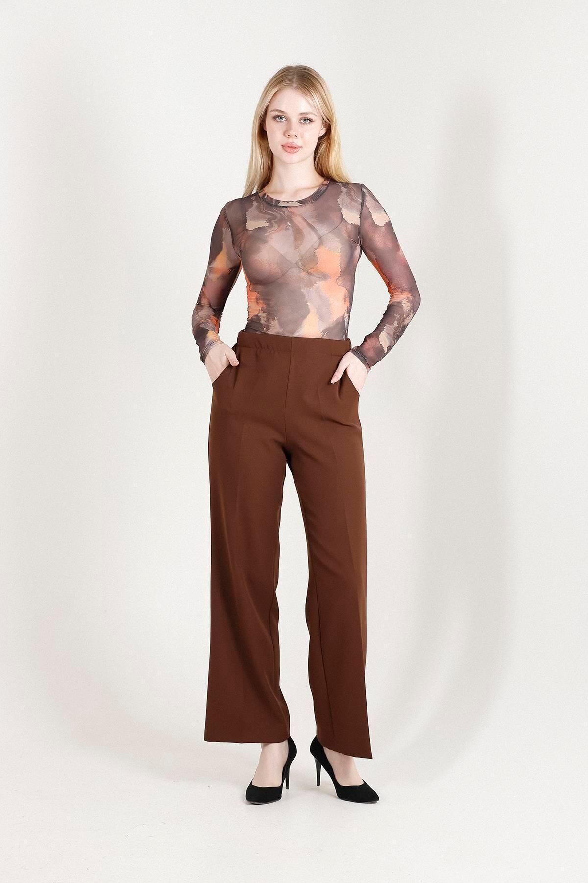 Balenbi-Pantaloni de damă Palazzo cu talie înaltă model 1003 Lycra maro 3