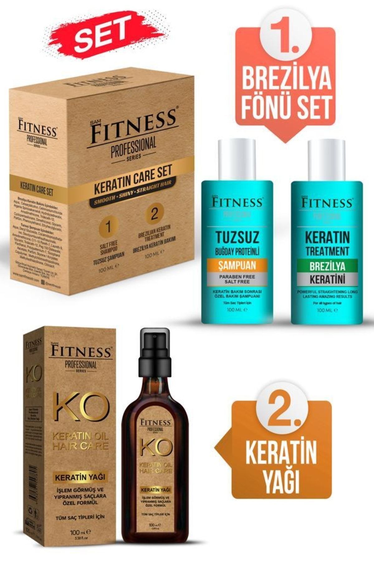 Fitness Professional Saç Düzleştirici Brezilya Fönü Keratin Bakımı & Parabensiz Tuzsuz Şampuan & Keratin Yağı Seti — ds22