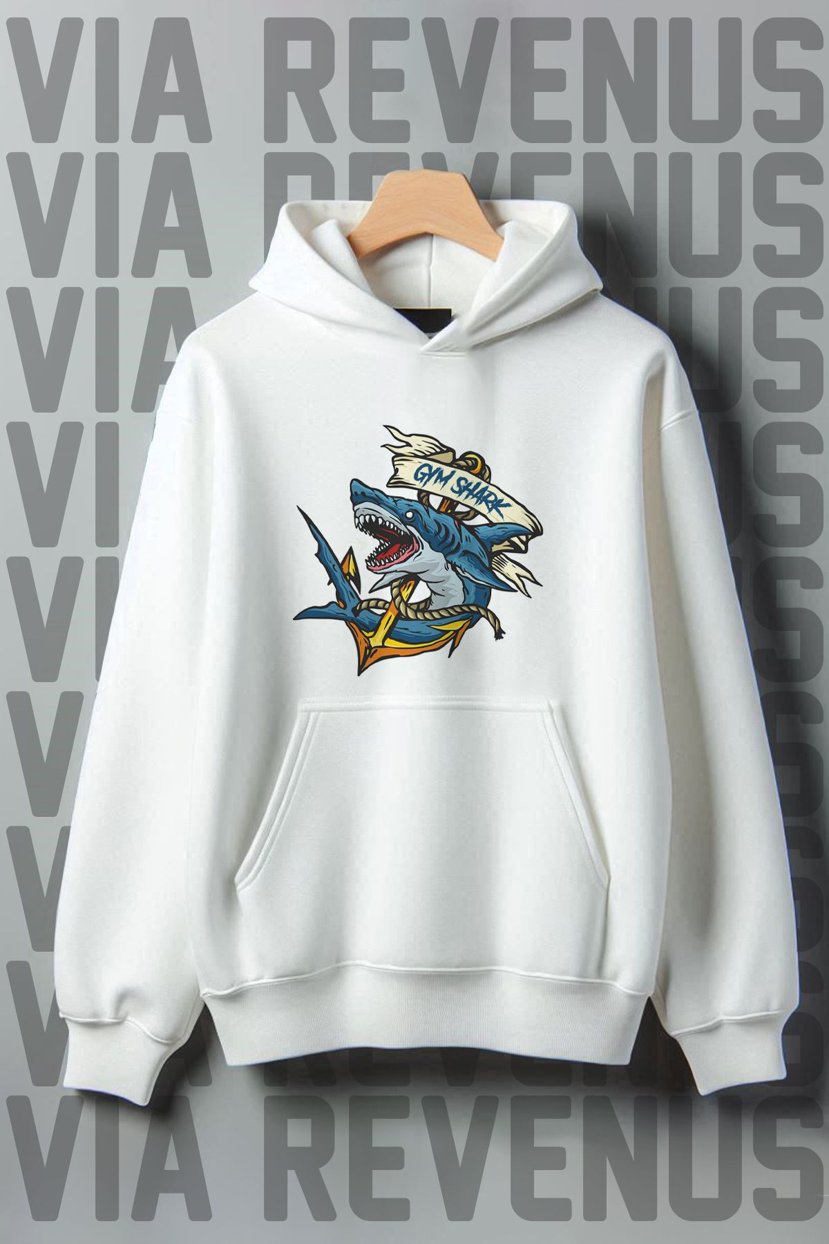 Vordevia Gym Shark Printed - Hanorac Supradimensionat Cu Glugă Cu Buzunar Cangur Cu 3 Fire Unisex - XL