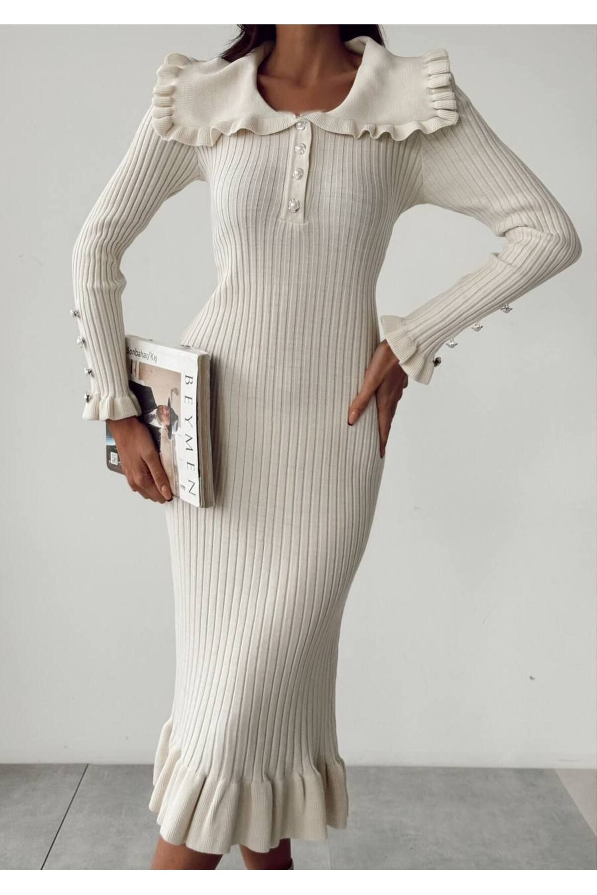 Lusin-Rochie lungă de damă din tricot ecru - Detaliu cu mâneci și volane 3