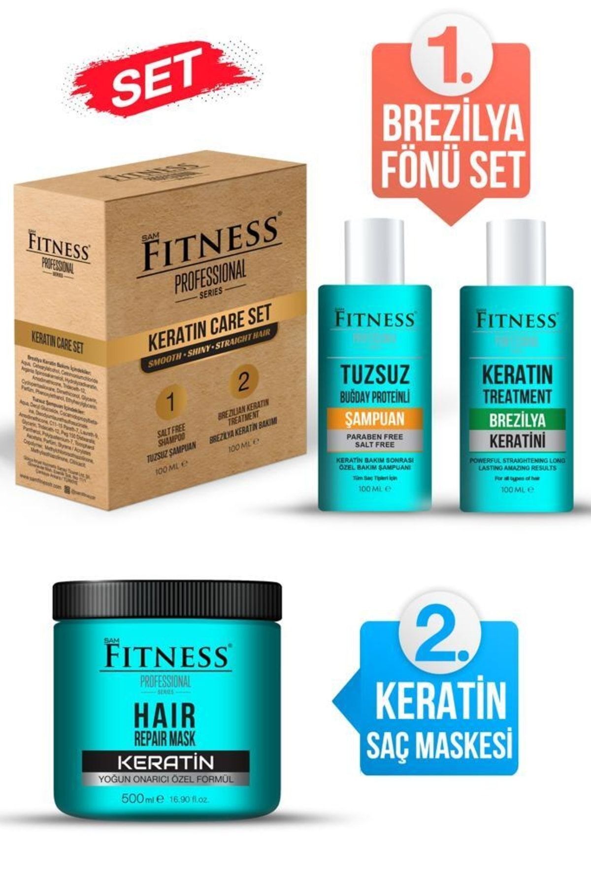 Fitness Professional Saç Düzleştirici Kalıcı Brezilya Fönü Keratin Bakımı Parabensiz Tuzsuz Şampuan Keratin Maskesi Seti — ds33