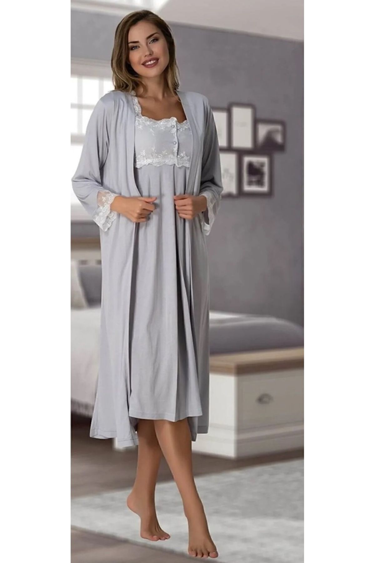 Effort Pijama-Mayss Collections 2302 Set cămașă de noapte de maternitate de culoare gri cu halat 3