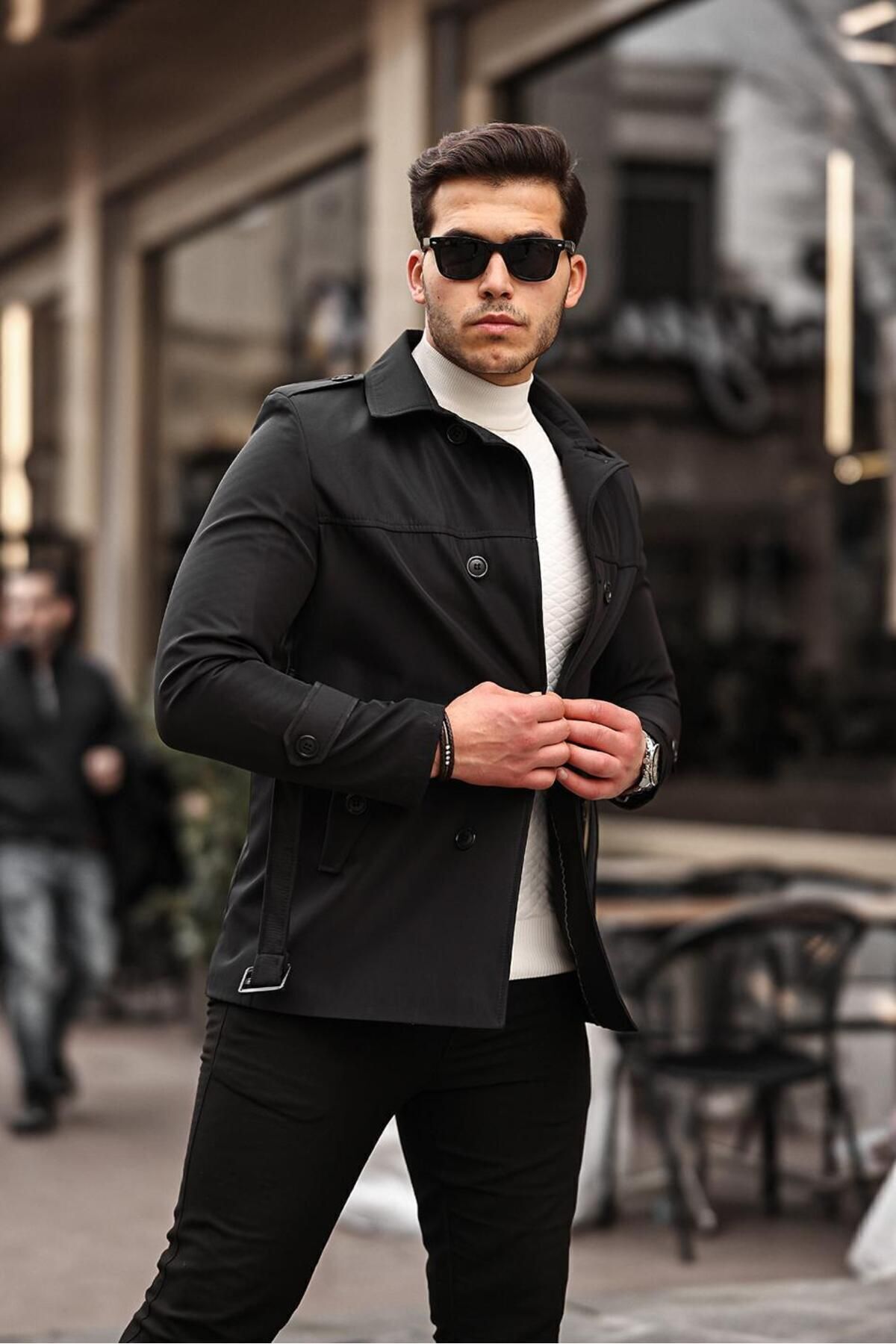 مانتو دو سینه کمربند مشکی فصلی مشکی مردانه Mero Life