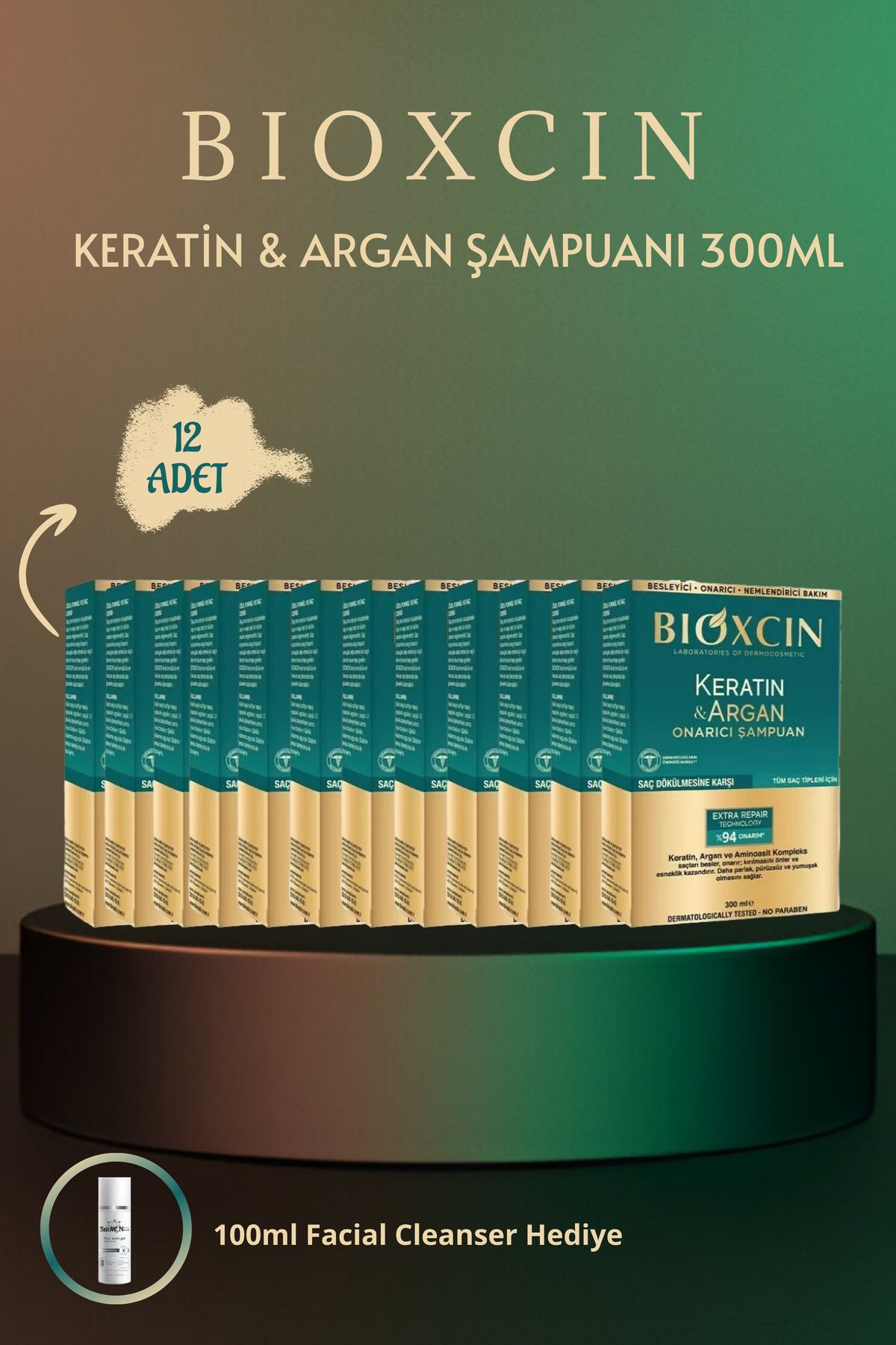 شامپو کراتین و آرگان 300 میلی لیتر 12 عدد + 100 میلی لیتر پاک کننده صورت هدیه Bioxcin