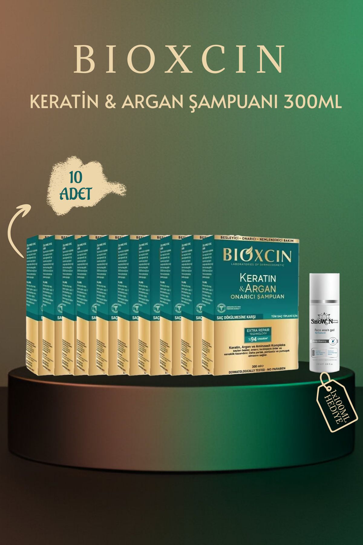 شامپو کراتین و آرگان 300 میلی لیتر 10 عدد + 100 میلی لیتر پاک کننده صورت هدیه Bioxcin