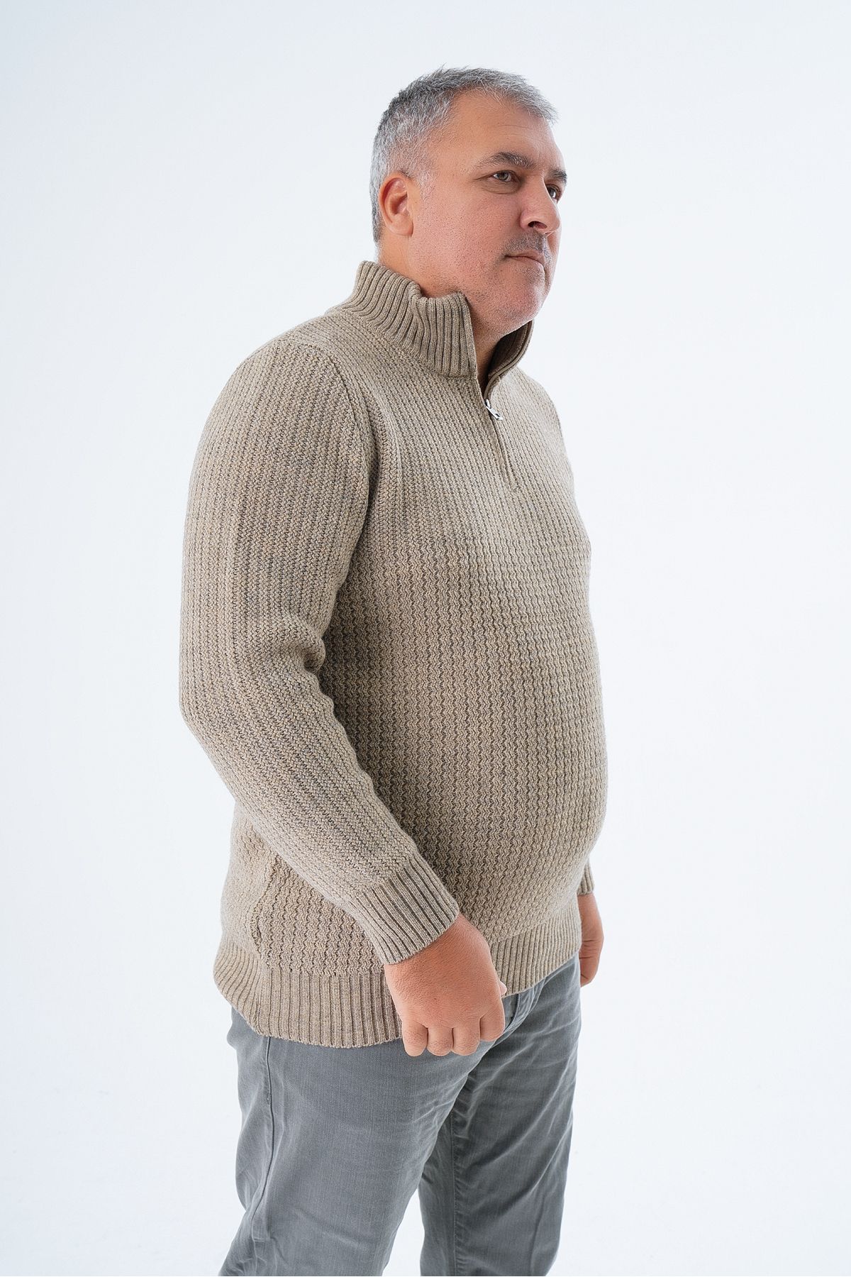 Trist Star-Men's Mink Knitwear Wool Sweater - Zigzag Execution, Stand Collar, Short Zipper - Large Size Trist-2117 2