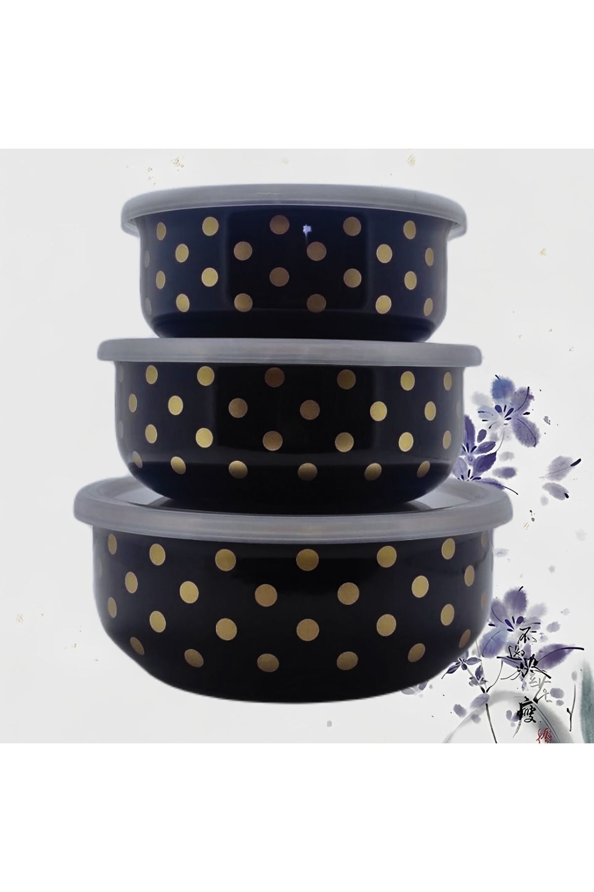 Emaye 14/16/18 3 Lü Vakumlu Plastik Kapaklı Saklama Kabı Gold Puantiyeli Siyah