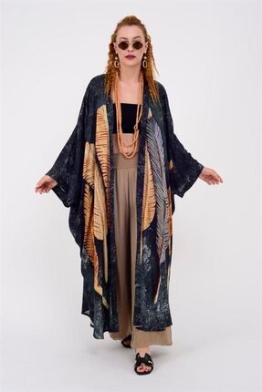 Rabiossa Kadın Tüy Desenli Taşlı Bohem Tasarım Kimono