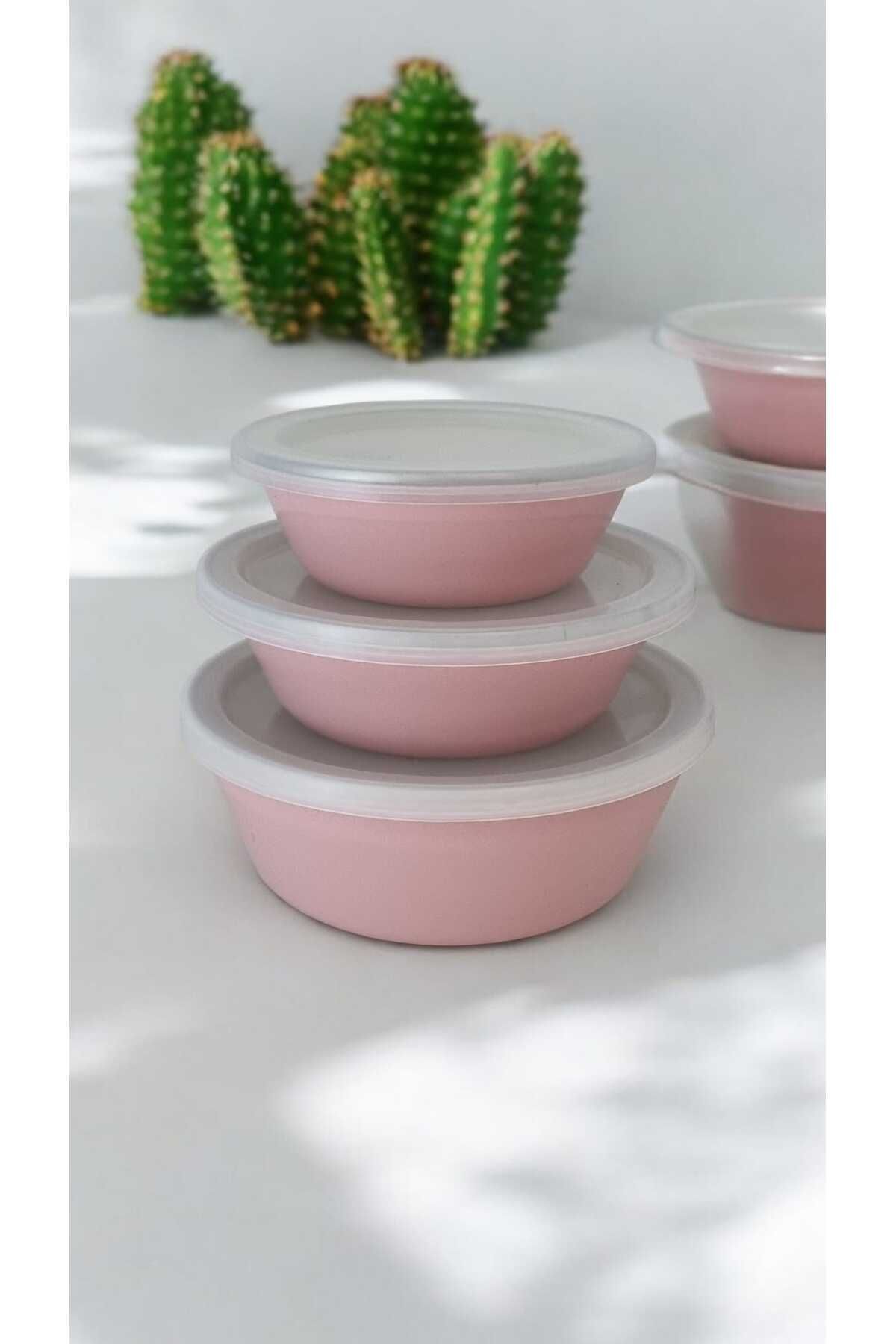 Emaye Kase Takımı Kapaklı 3 Lü Pembe Saklama Kabı