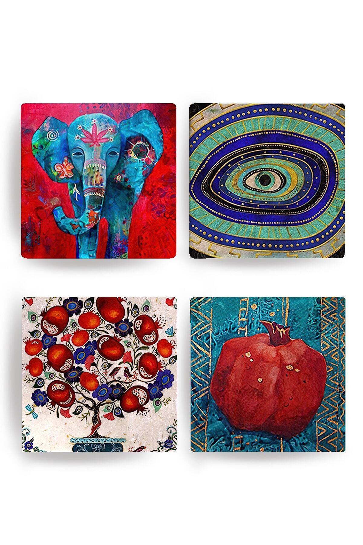 Begoloni Stone Decor Doğal Taş Bardak Altlığı Fil Nazar Nar Ağacı Nar Baskılı 4'lü Set