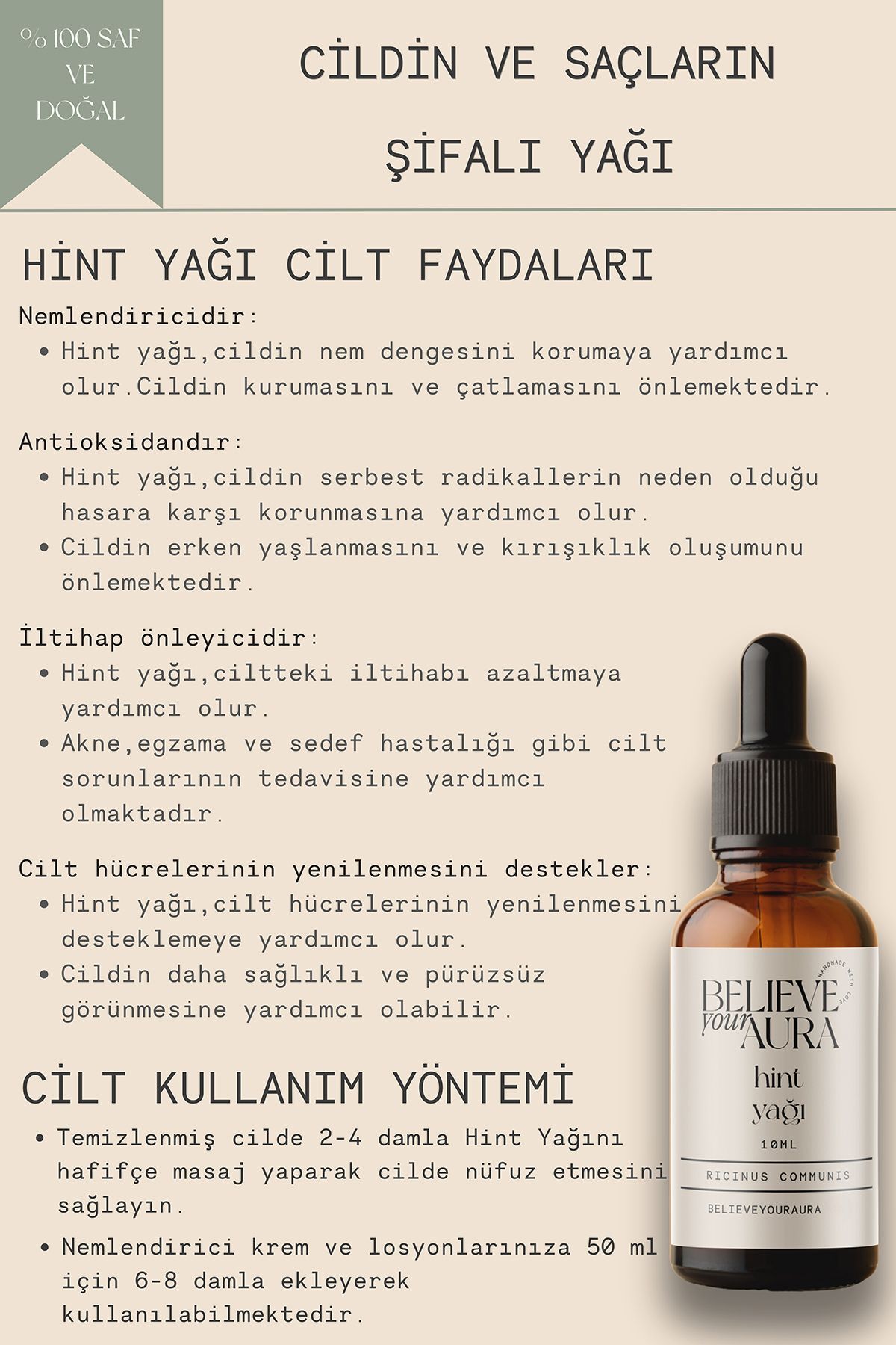 روغن کرچک - 100% خالص و طبیعی روغن مراقبت از پوست و مو - روغن کرچک - 10 میلی لیتر Believe Your Aura