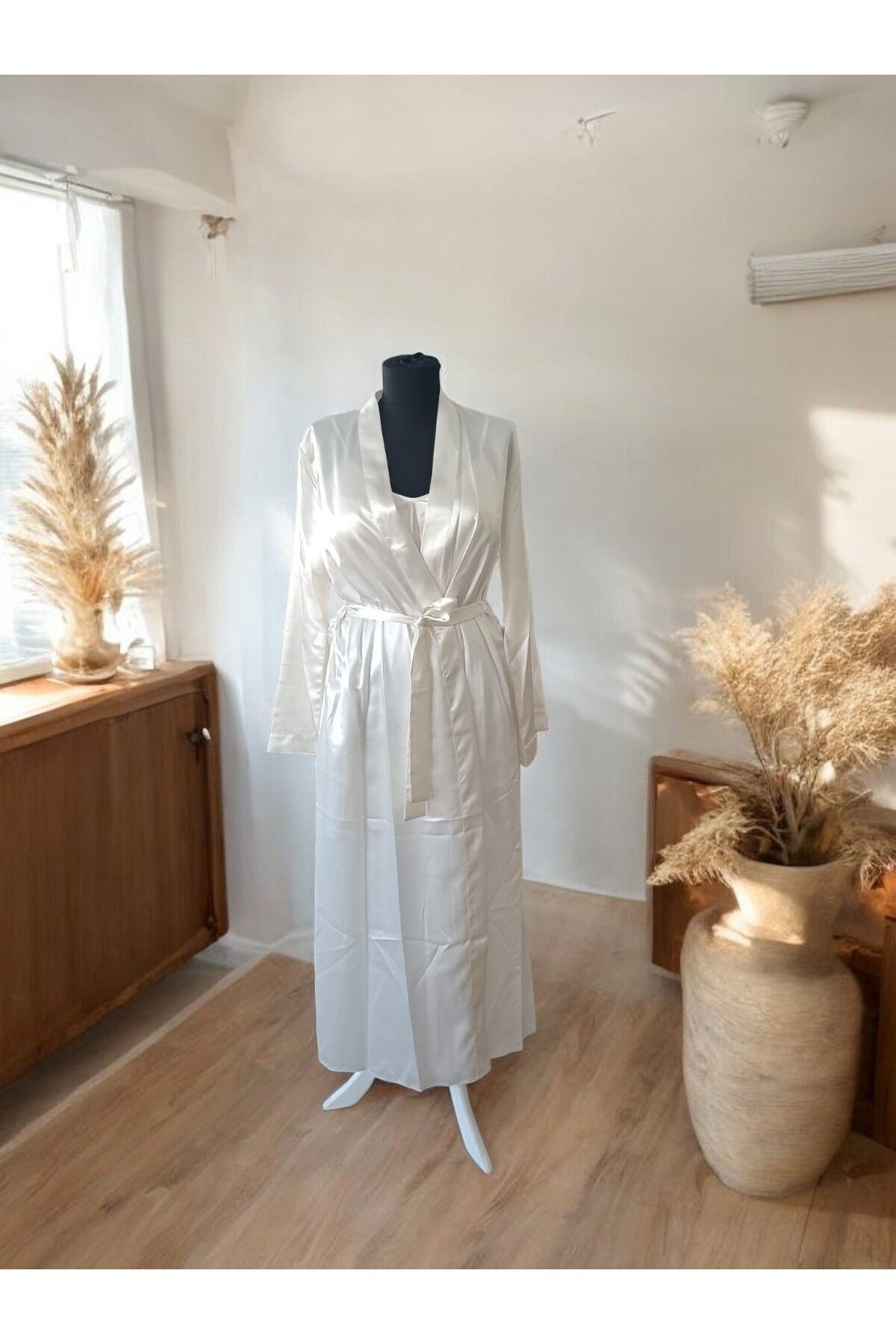 Blessed Home Çeyizlik Ipek Saten ikili uzun  Gecelik Sabahlıklı Takım