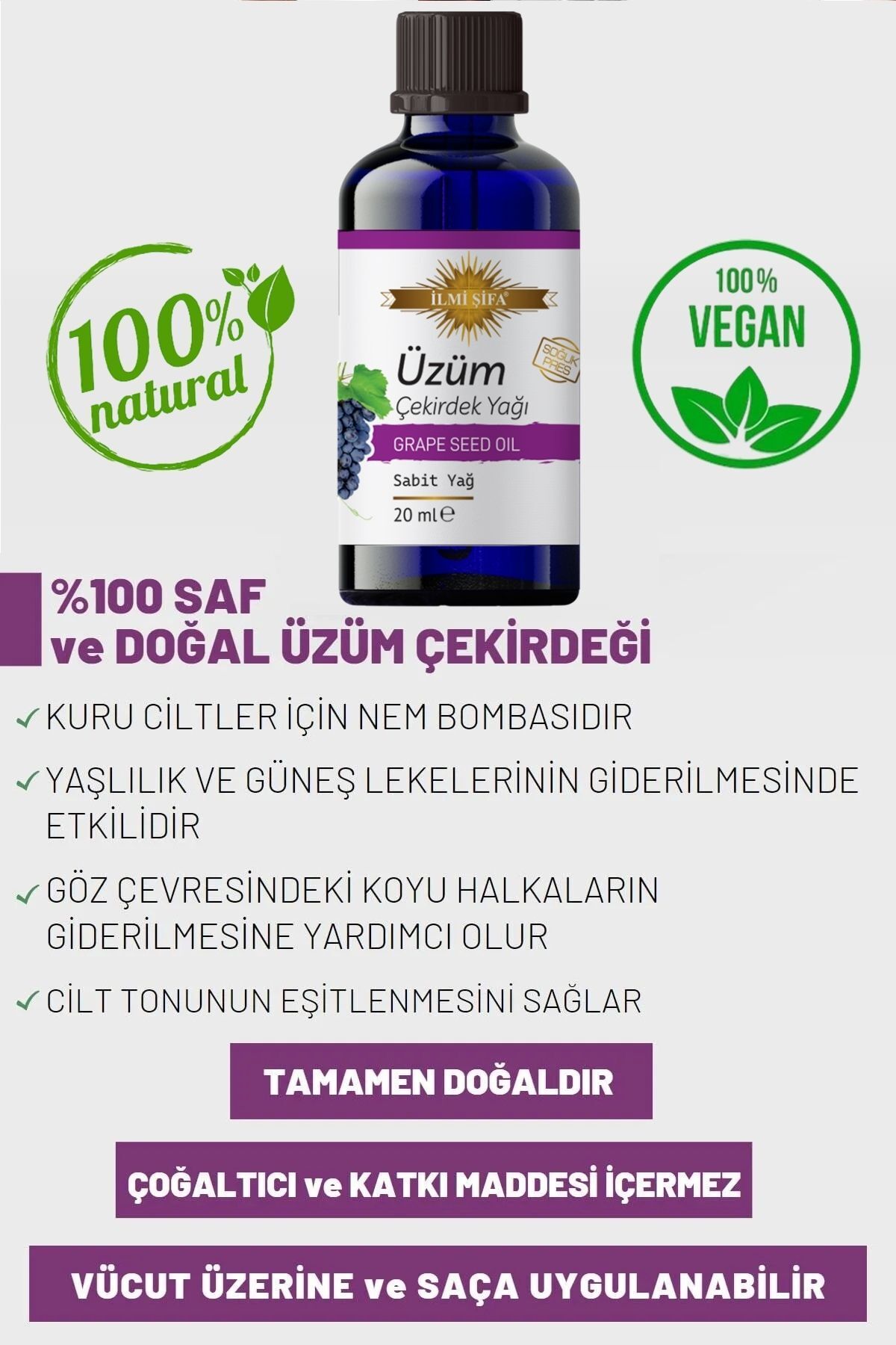 روغن هسته انگور 20 میلی لیتر (بازسازنده، مغذی، روشن و پر جنب و جوش) İLMİ ŞİFA