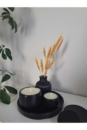 Genel Markalar Siyah Tepsili Mum Ve Çiçekli Vazo Seti (%100 SOYA MUM)