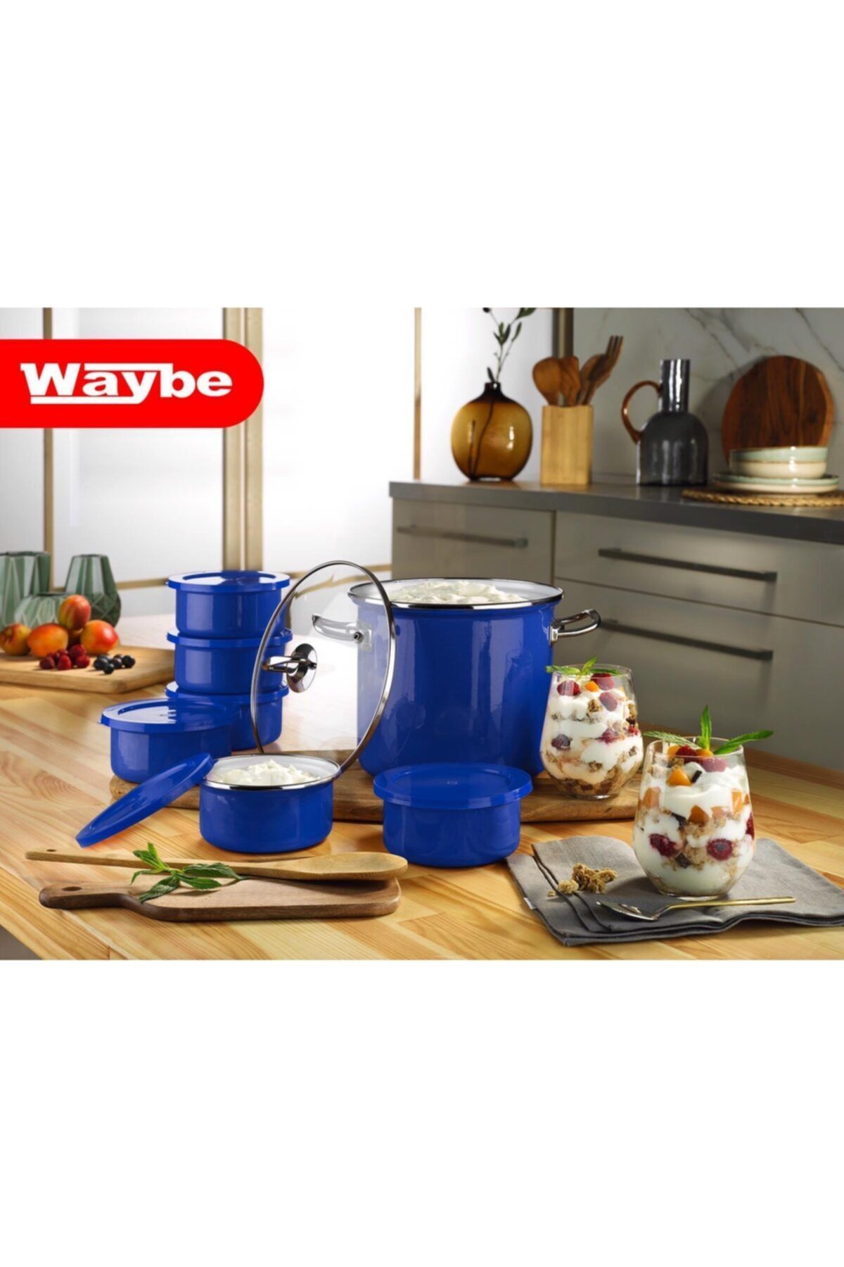 Emaye Yoğurt Mayalama Seti - Mavi Renk