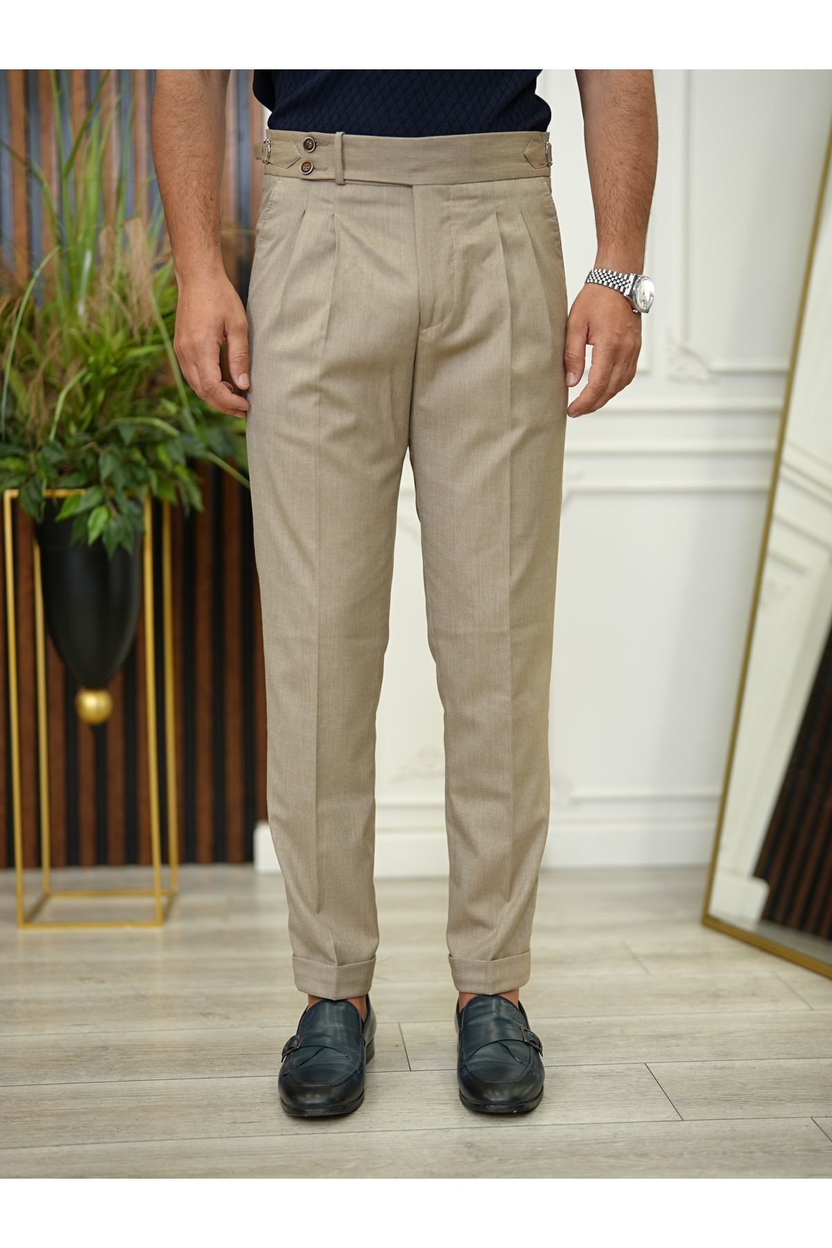 Pantolonia-Men's Slim Fit Italian Cut Pleated Buckle Fabric Trousers 3