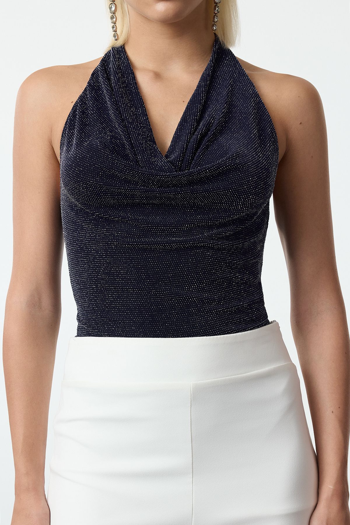 Trendyol Collection-Glitter Navy Blue Knitted Body - Degaje Collar TPRAW25BD00001 3