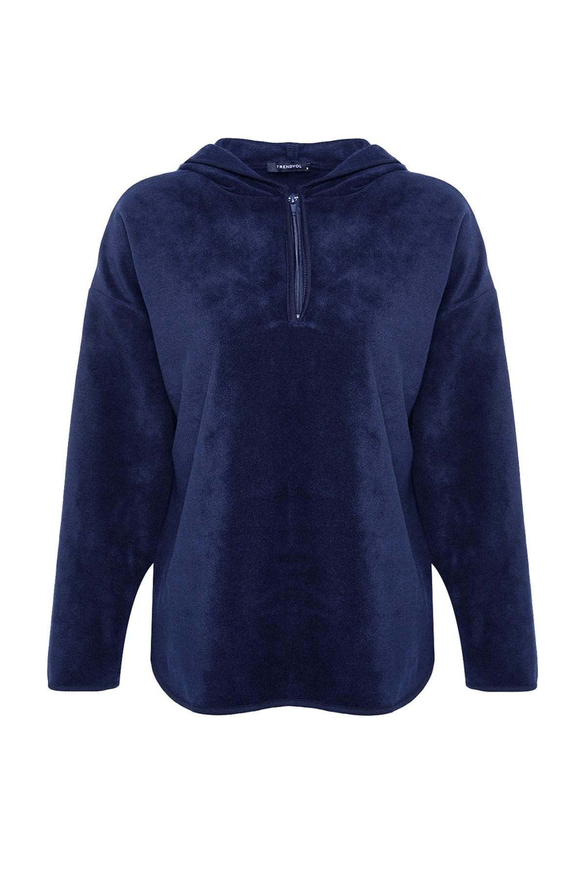 Trendyol Collection-Námořnická modrá Silná fleecová mikina s kapucí a zipem Oversize/Wide Fit pletená mikina TWOAW22SW2063 2
