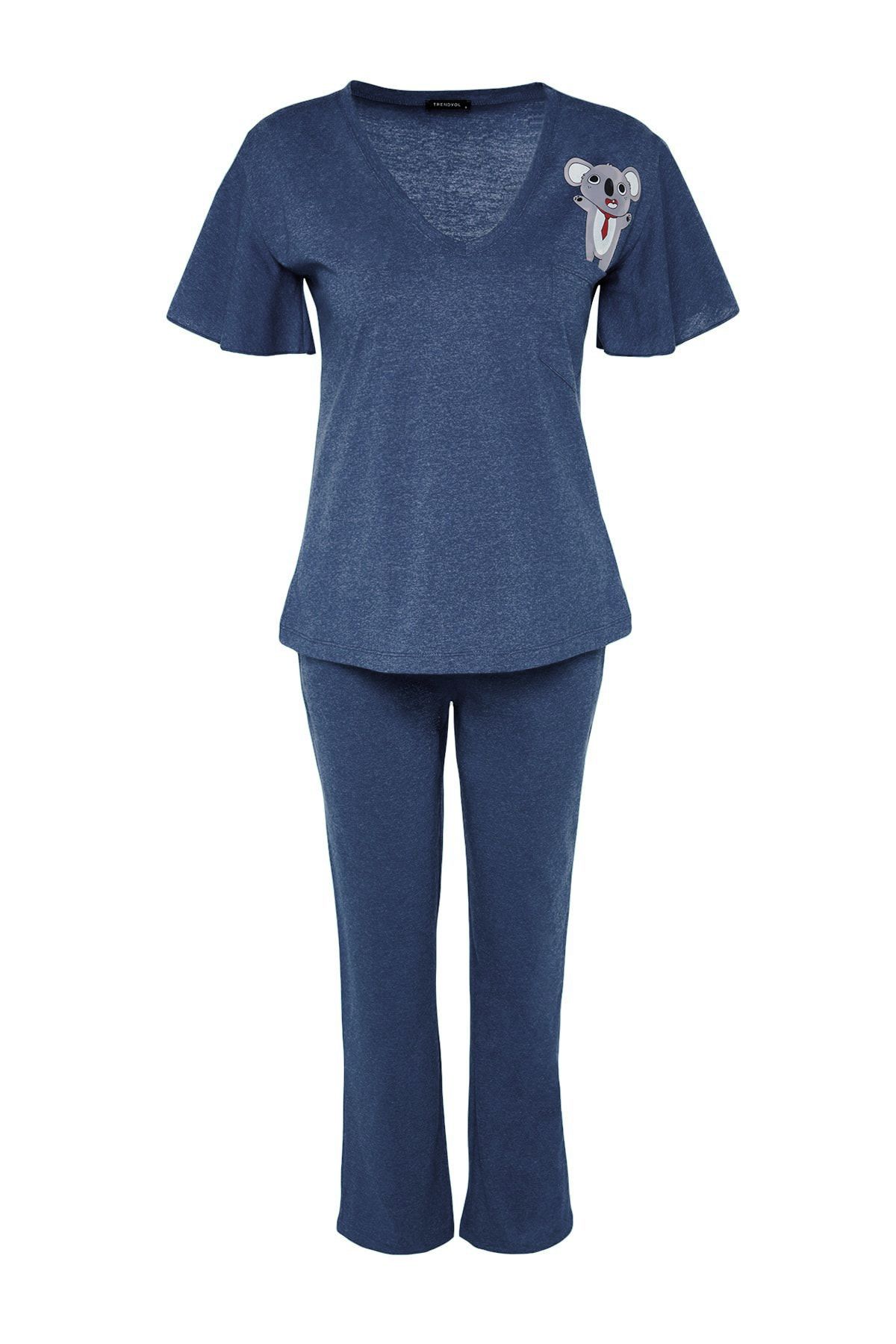 Trendyol Collection-Petrolfarbenes Pyjama-Set aus Baumwolle mit Koala-Print und Ärmeln sowie Schwungrad-Details THMSS20PT0172 6