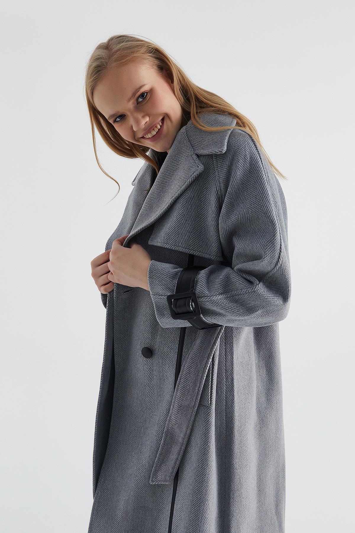 Leather Sleeve Belted Coat Gray