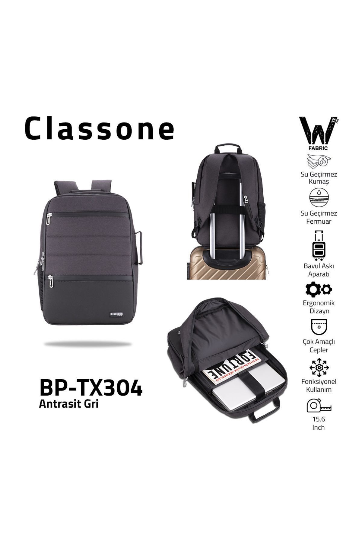 Classone-Bp-Tx304 Combo Series 15.6'' Waterproof Fabric and Zipper Notebook, Laptop Backpack - Anthracite 1