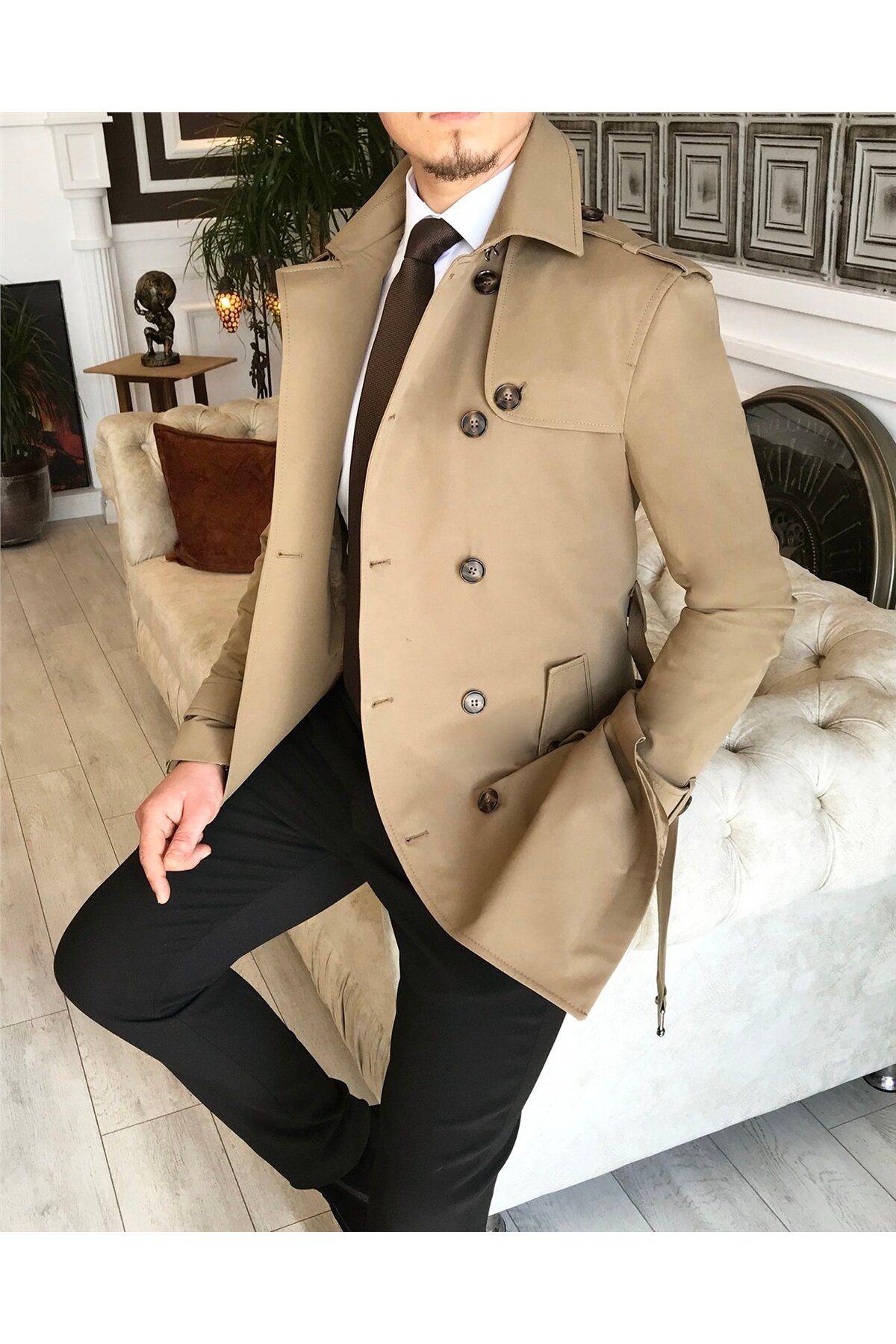 TerziAdemAltun Italian Style Slim Fit Seasonal Men s Trench Coat Beige T4978 Trendyol