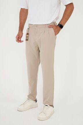 BROCARD Erkek Tokalı Kemer Italyan Kesim Boyfriend Kalıp Rahat Bej Kumaş Pant...