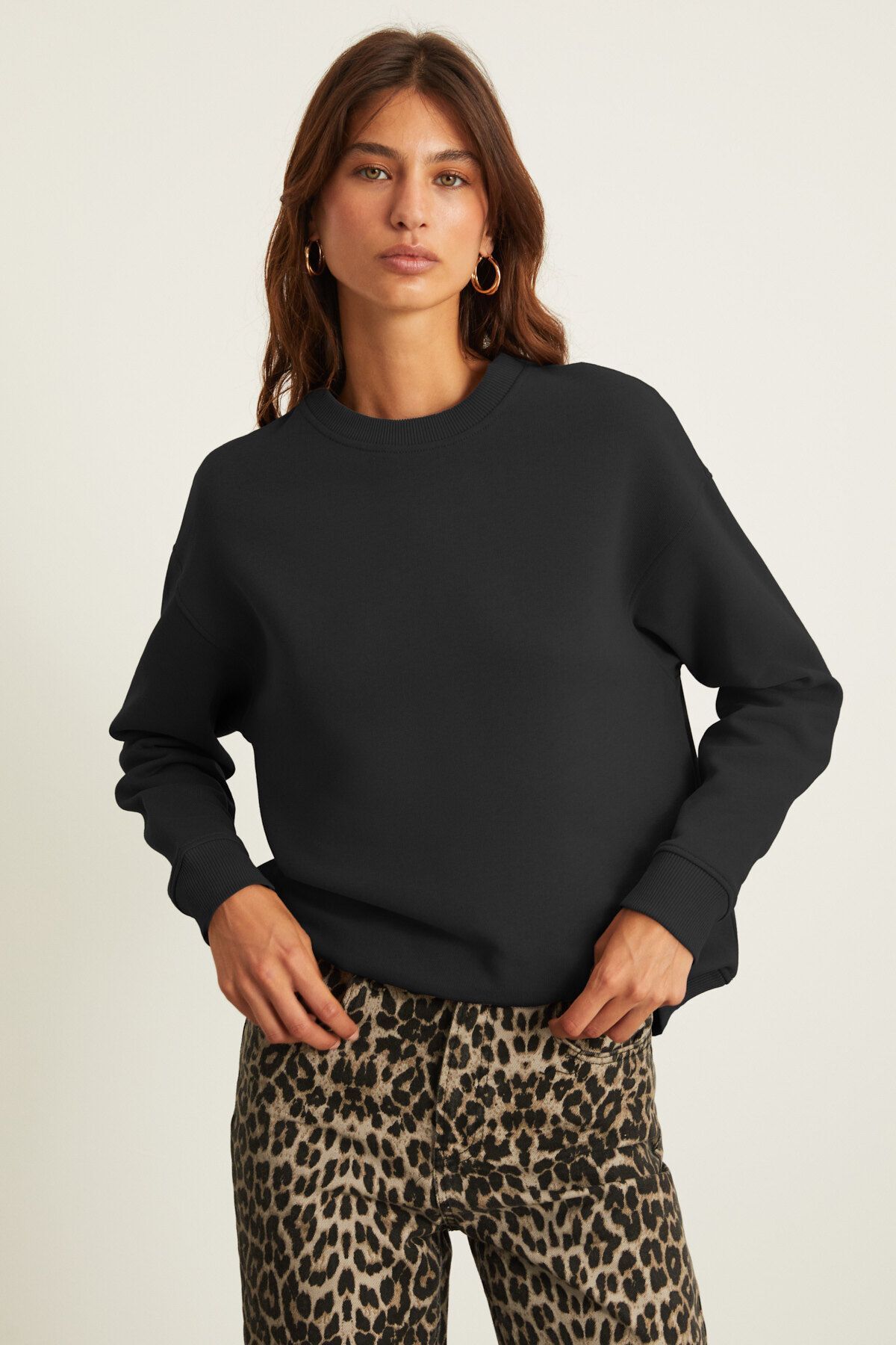 GRIMELANGE  AKSELI Kadın Bisiklet Yaka 3 İplik Organik Pamuk Siyah Sweatshirt - Görsel 4