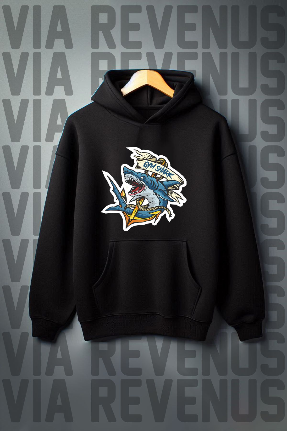 Vordevia Gym Shark Printed - Hanorac Supradimensionat Cu Glugă Cu Buzunar Cangur Cu 3 Fire Unisex - XL