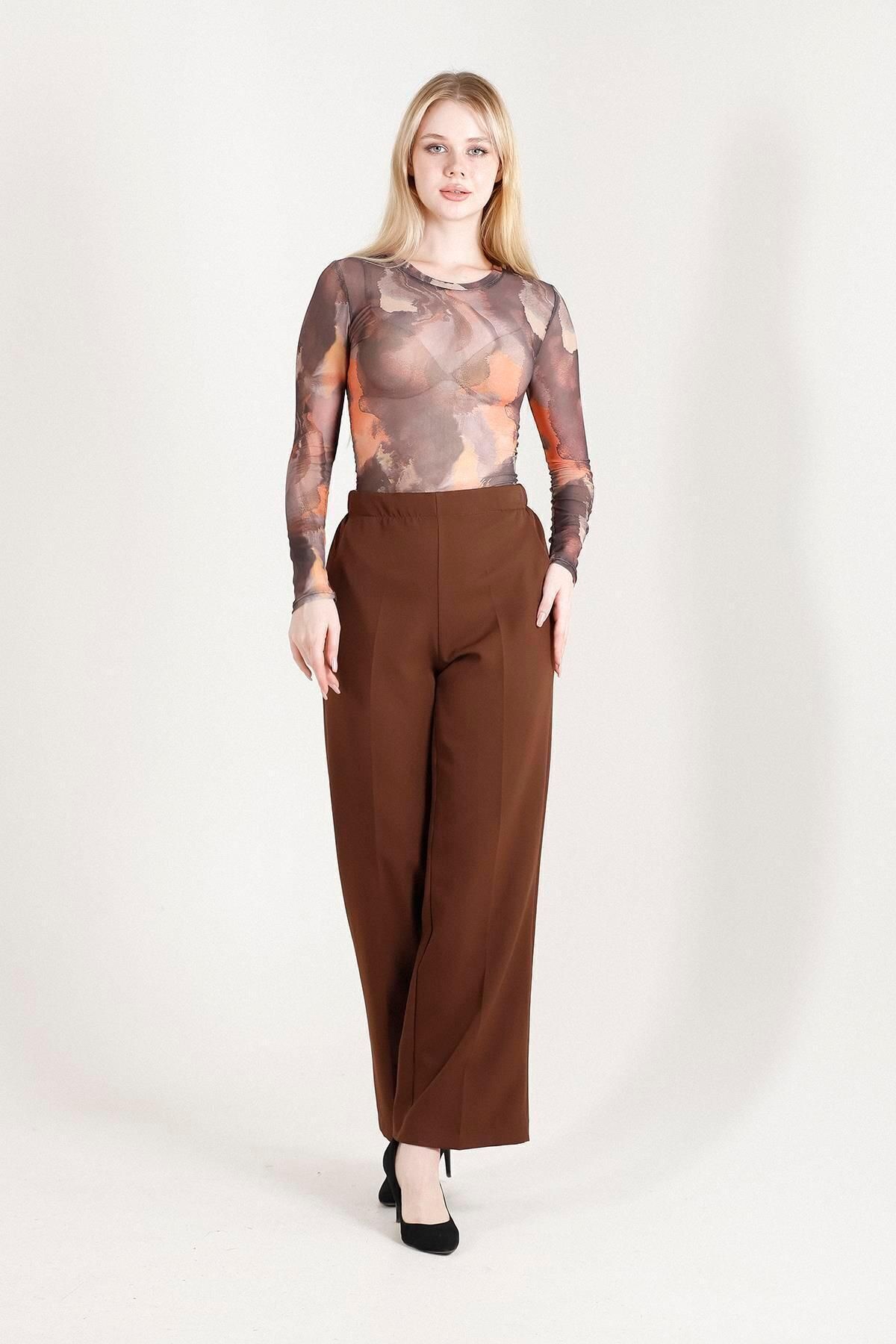 Balenbi-Pantaloni de damă Palazzo cu talie înaltă model 1003 Lycra maro 4